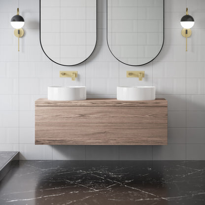 16.5-inch round white vessel bathroom sink with smooth ceramic finish on wood floating vanity.