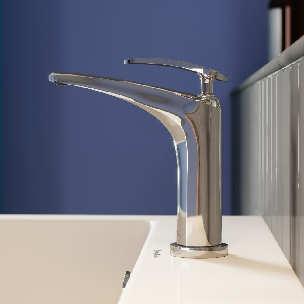 Single-handle bathroom faucet in chrome with sleek curved spout and lever handle.
