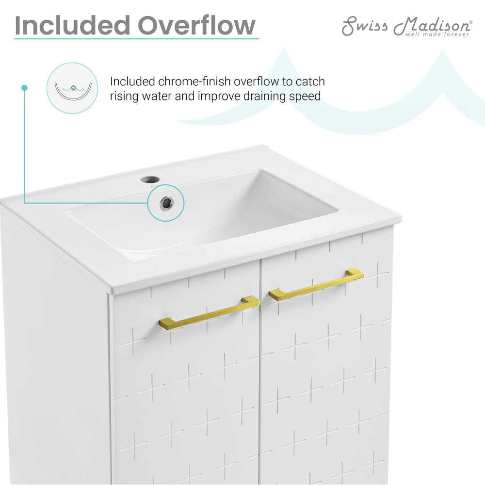 24-inch freestanding bathroom vanity in galaxy white, single sink with gold handles and textured door design.