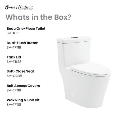 Elongated one-piece toilet with dual-flush buttons and soft-close seat in white ceramic.