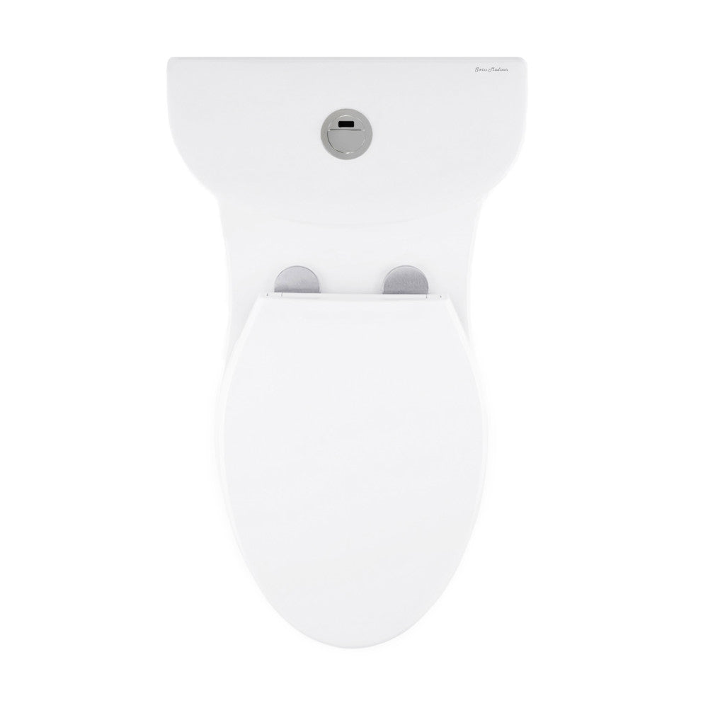 Elongated one-piece white toilet with touchless retrofit dual flush button on tank.