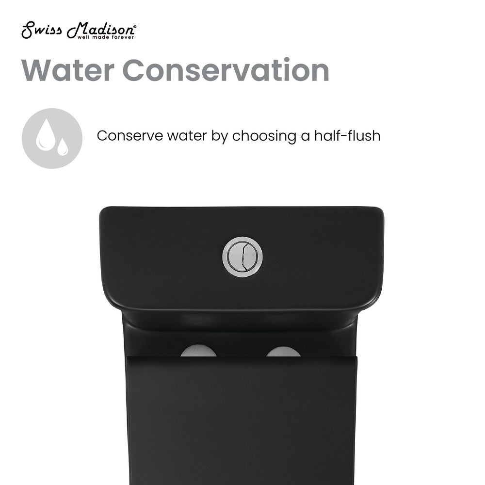 Elongated one-piece toilet in matte black with dual-flush button and compact design.