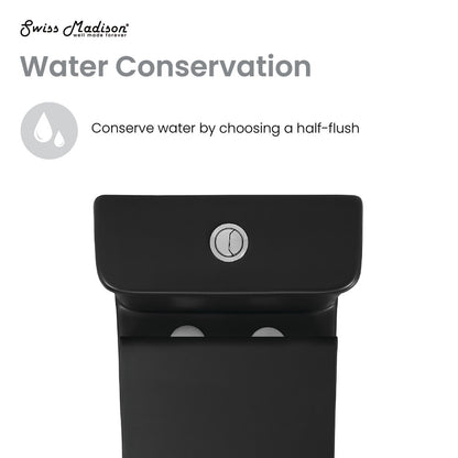Elongated one-piece toilet in matte black with dual-flush button and compact design.
