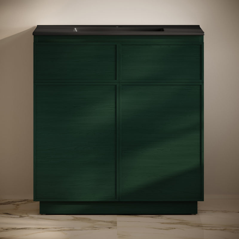 St. Tropez 36" Freestanding Bathroom Vanity in Green Oak with Black Sink Top