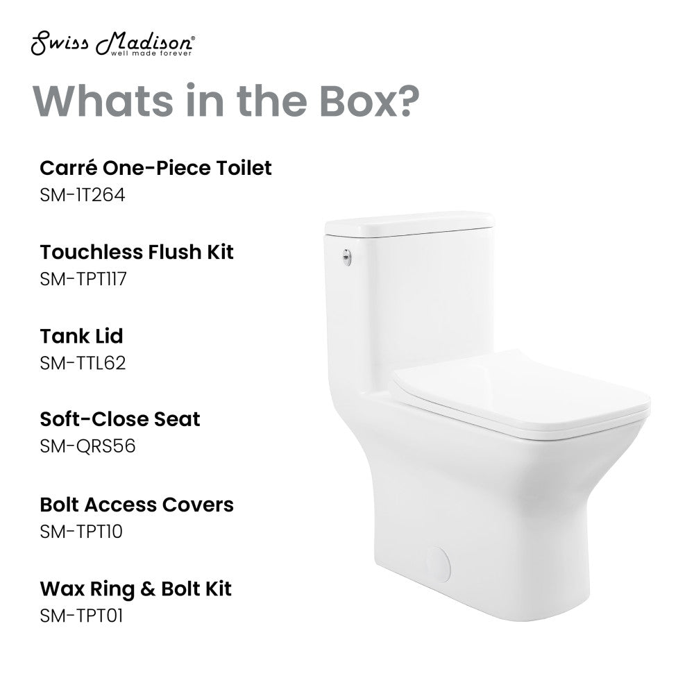 One-piece square toilet, dual-flush, touchless, compact design, soft-close seat, white porcelain.