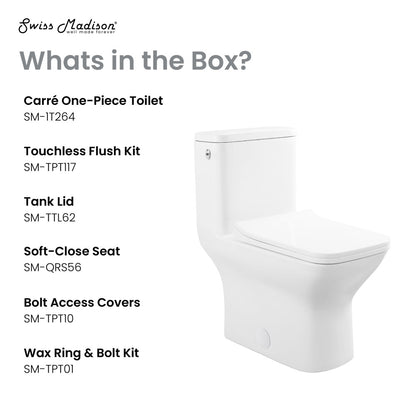 One-piece square toilet, dual-flush, touchless, compact design, soft-close seat, white porcelain.