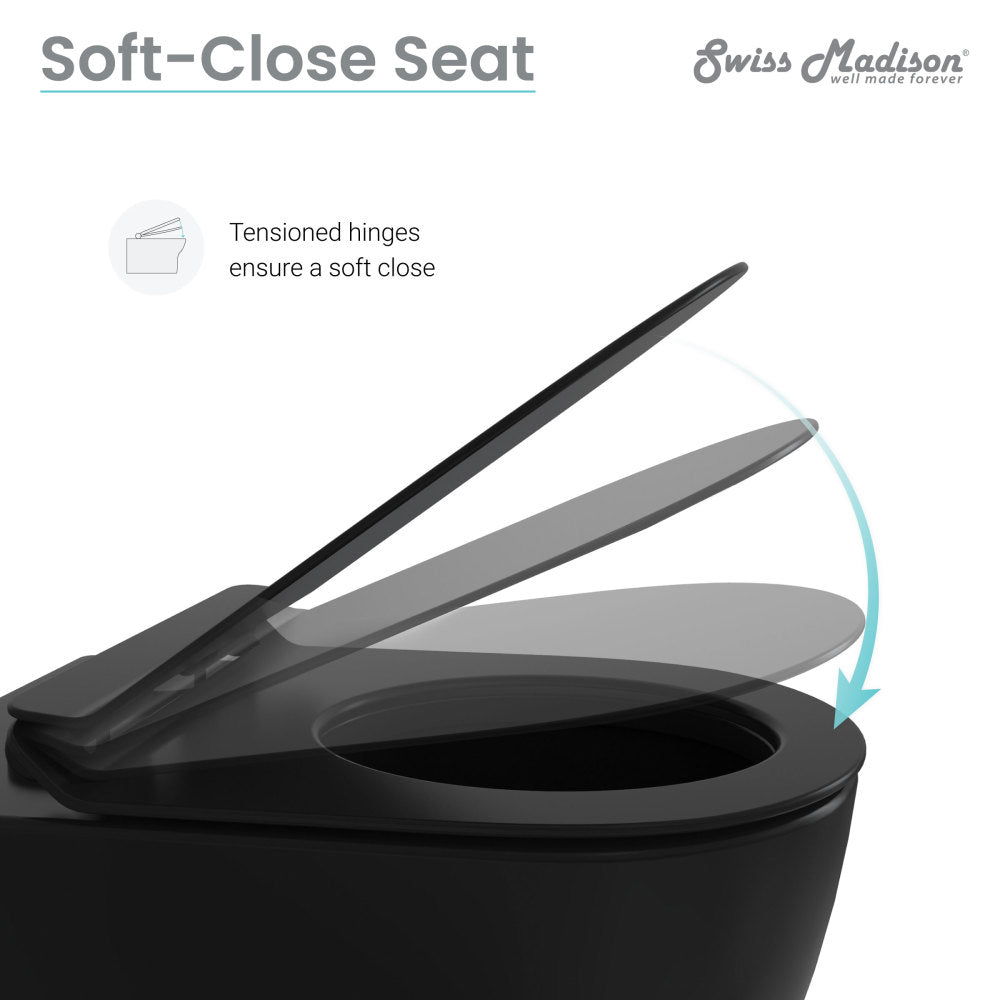 Elongated wall-hung toilet bowl in matte black with soft-close seat and tensioned hinges.