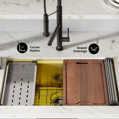 Tourner 30 x 19 Stainless Steel, Single Basin, Undermount Kitchen Workstation Sink in Gold