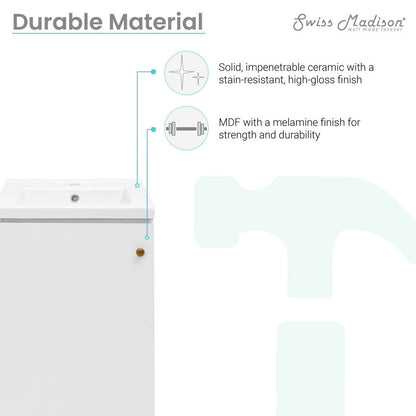 18-inch freestanding white bathroom vanity, single sink, soft-close doors.