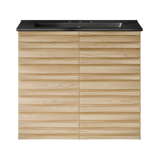 Cascade 24" Wall-Mounted Bathroom Vanity in Natural Oak with Black 3-Hole Centerset Sink Top
