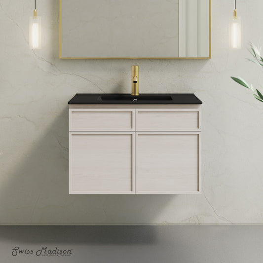 St. Tropez 30" Wall-Mounted Bathroom Vanity in White Oak with Black Sink Top