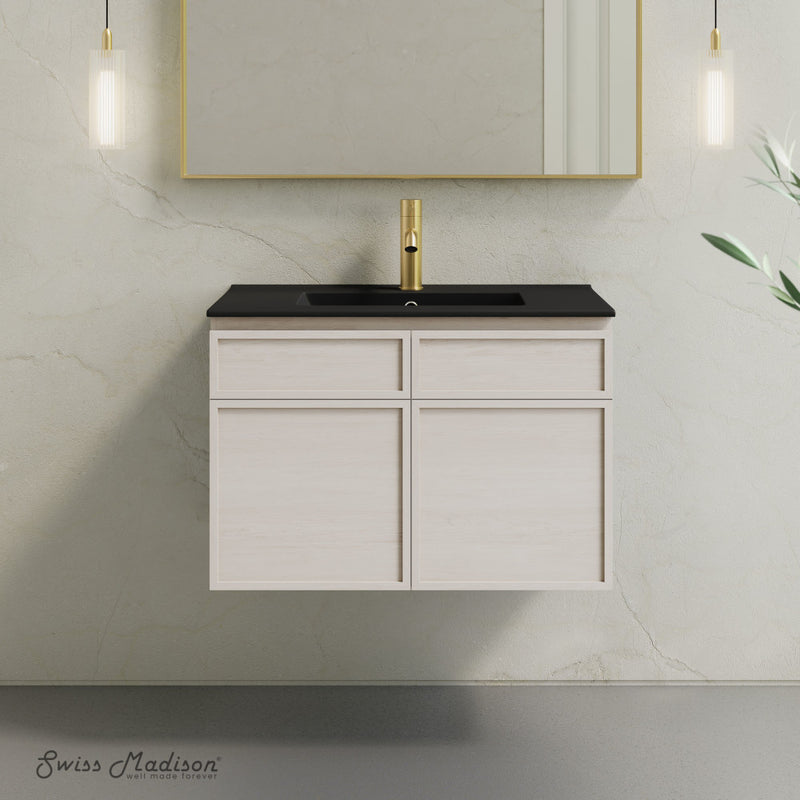 St. Tropez 30" Wall-Mounted Bathroom Vanity in White Oak with Black Sink Top