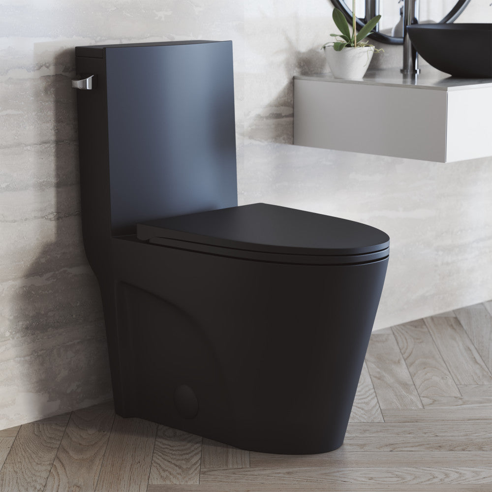 Matte black elongated one-piece toilet with left side vortex flush handle and soft-close seat.