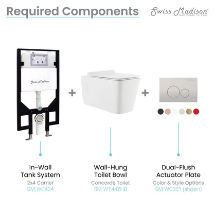 Elongated wall-hung toilet bowl in white with black hardware and dual-flush actuator plate.