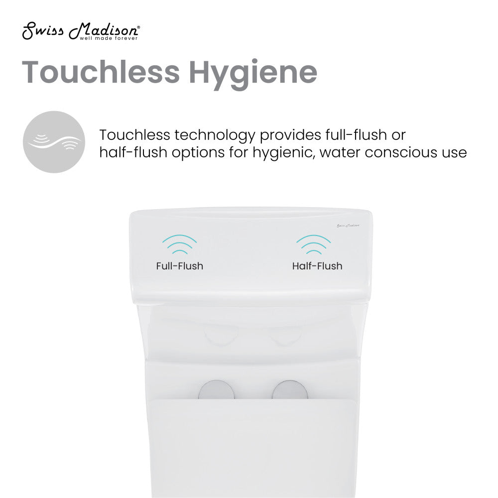 Elongated one-piece toilet, dual-flush, touchless flush technology, white ceramic finish.