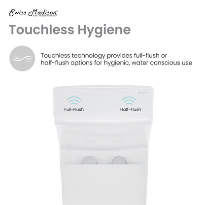 Elongated one-piece toilet, dual-flush, touchless flush technology, white ceramic finish.