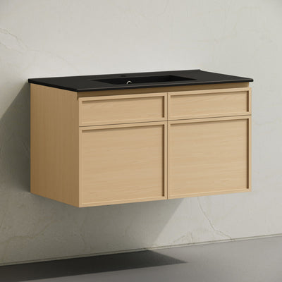 St. Tropez 36" Wall-Mounted Bathroom Vanity in Natural Oak with Black Sink Top