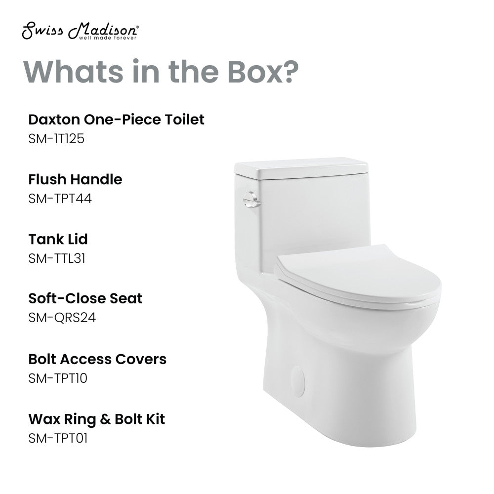 Elongated one-piece toilet with left side flush handle, 1.28 gallons per flush, soft-close seat.