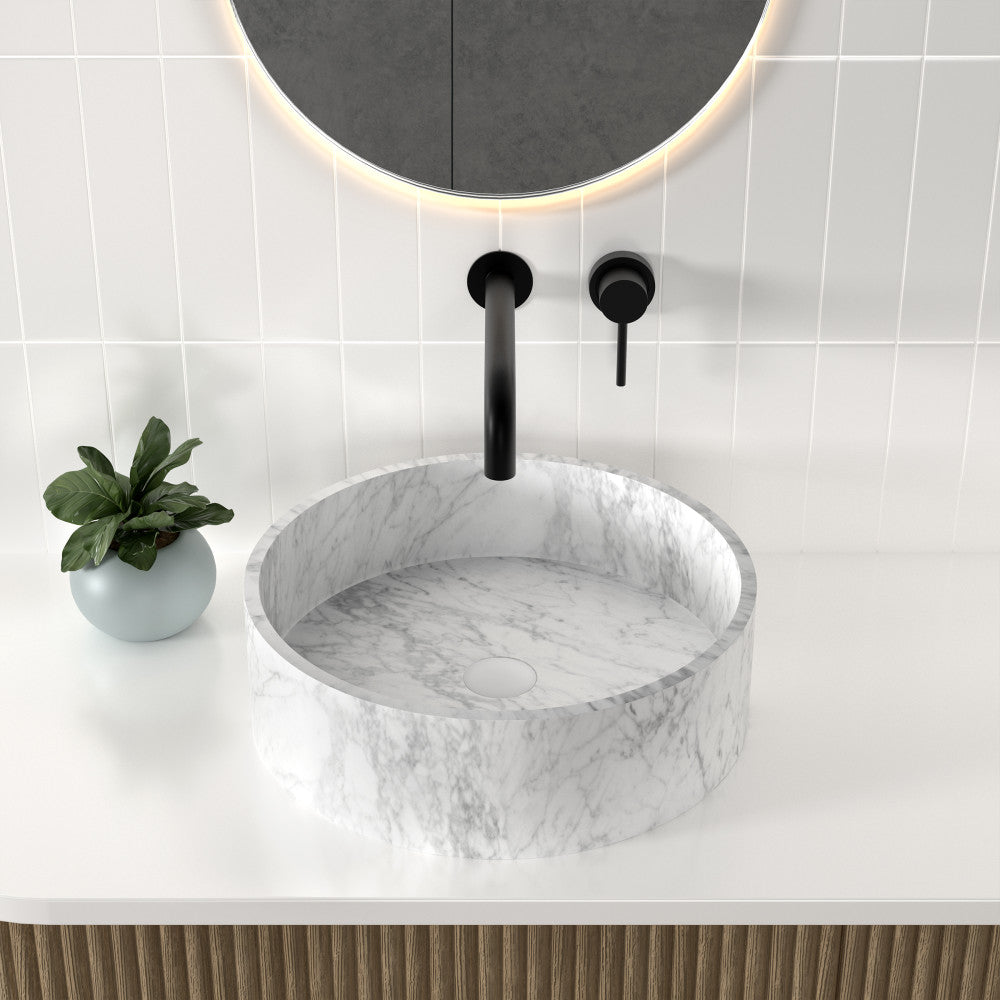 17" round vessel bathroom sink in marbled gray with smooth rim and subtle veining pattern.
