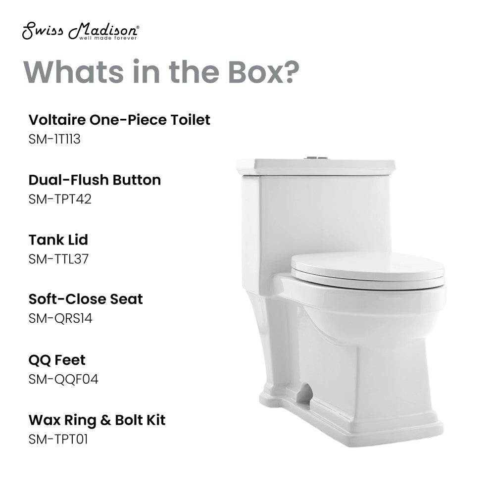 Elongated one-piece toilet with dual-flush button and soft-close seat in white ceramic.