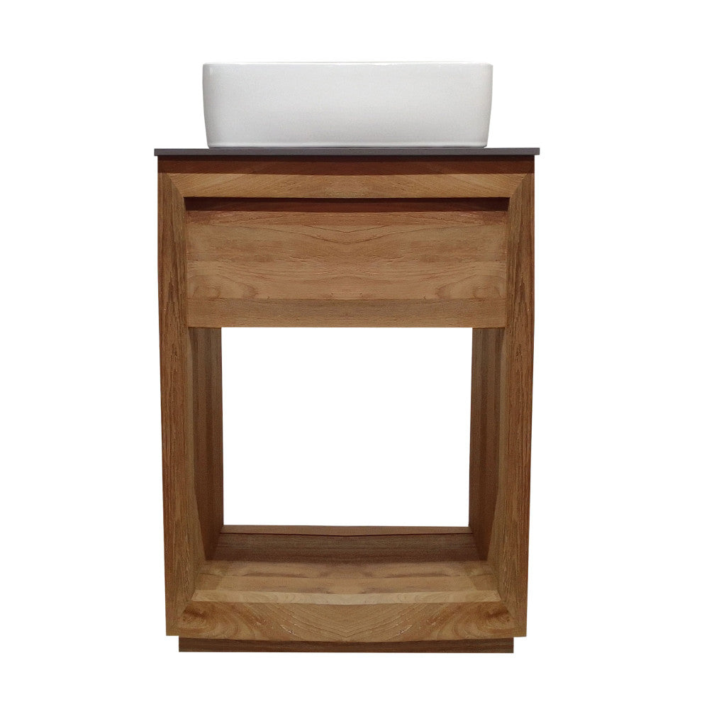 24-inch freestanding reclaimed wood bathroom vanity with single hole vessel sink and slate countertop.