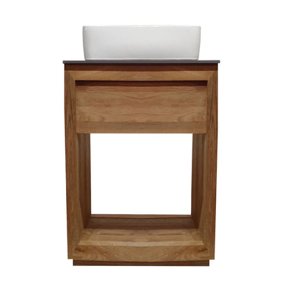 24-inch freestanding reclaimed wood bathroom vanity with single hole vessel sink and slate countertop.