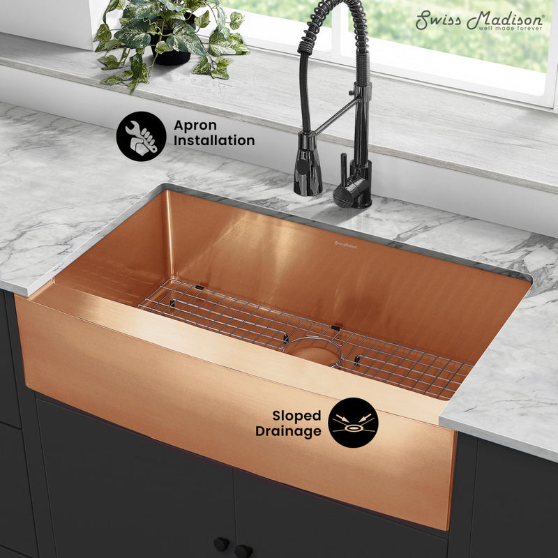 Rivage 36 x 21 Stainless Steel, Single Basin, Farmhouse Kitchen Sink with Apron in Rose Gold