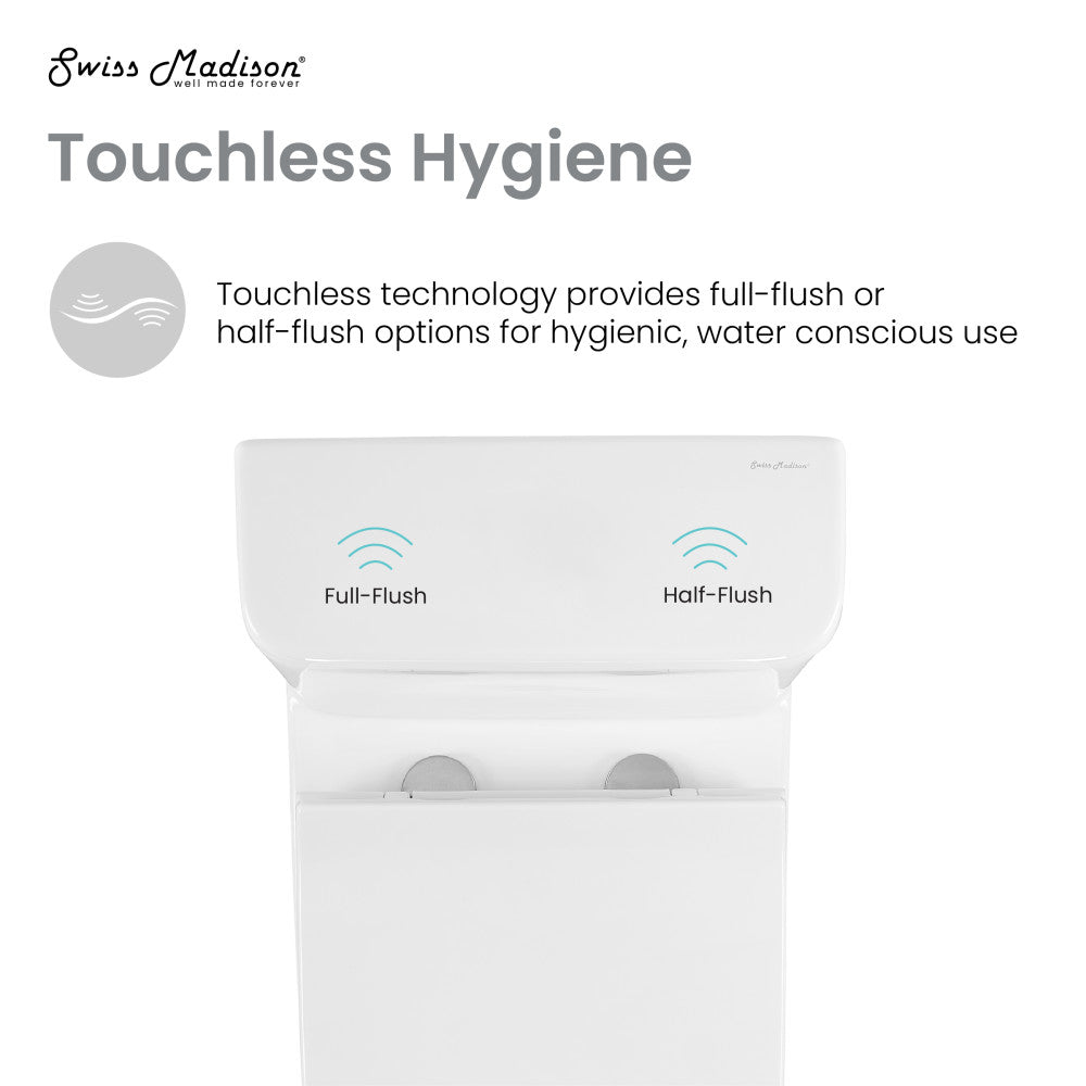 Elongated one-piece square toilet, dual-flush with touchless sensor buttons.