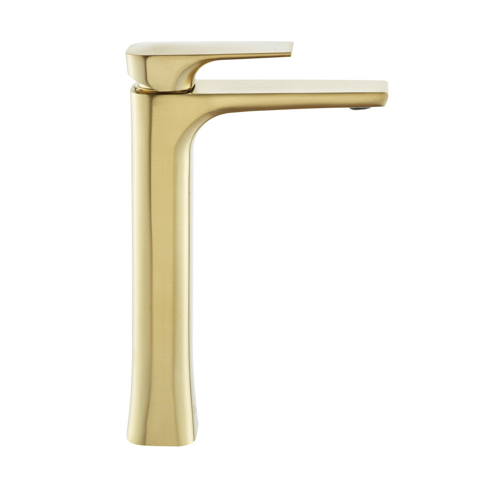 Single-handle high arc bathroom faucet in brushed gold, Monaco collection.
