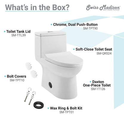 Elongated one-piece toilet with dual flush, soft-close seat, and chrome dual push-button flush control.