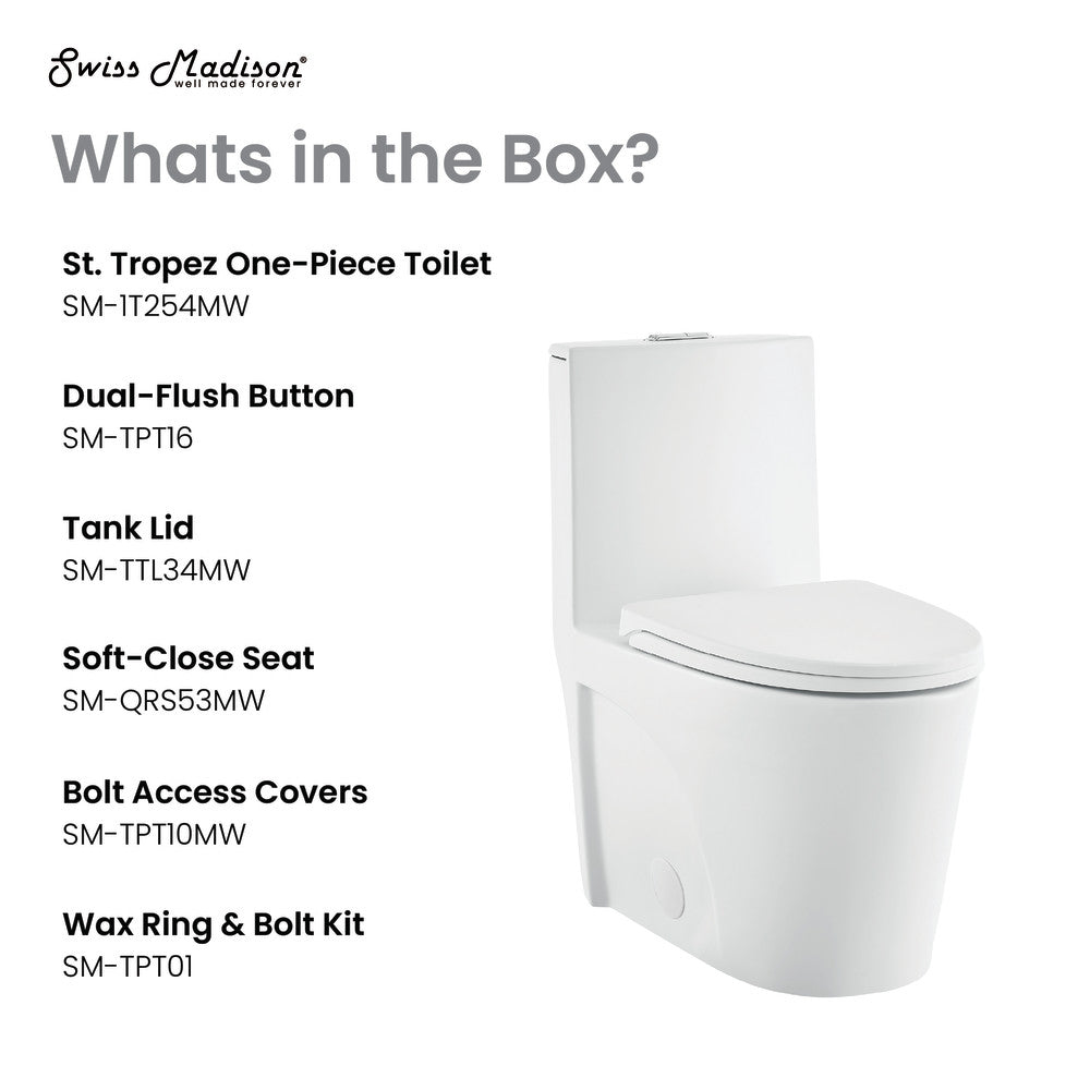 Elongated one-piece toilet in matte white with dual-flush and soft-close lid.