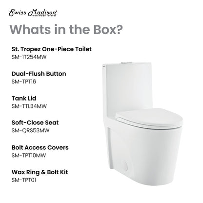 Elongated one-piece toilet in matte white with dual-flush and soft-close lid.