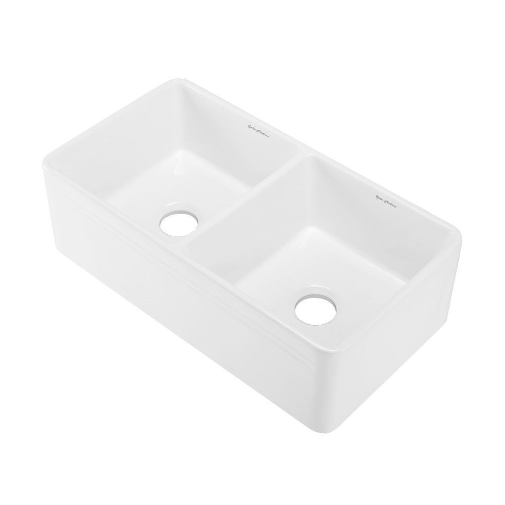34-inch double basin ceramic farmhouse kitchen sink in glossy white, apron front design.
