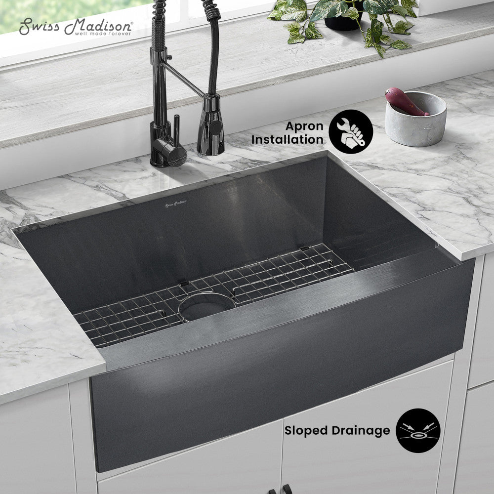 Rivage 30 x 21 Stainless Steel, Single Basin, Farmhouse Kitchen Sink with Apron in Black