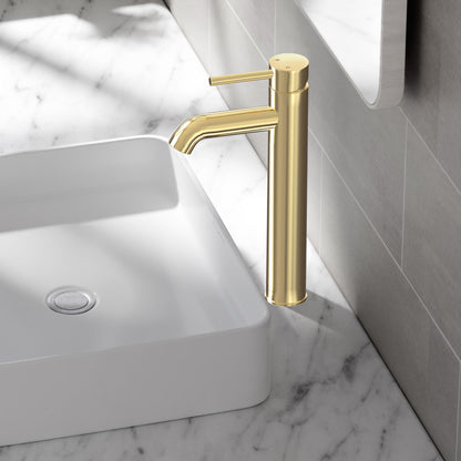 Single-handle, high arc bathroom faucet in brushed gold with a sleek cylindrical design.