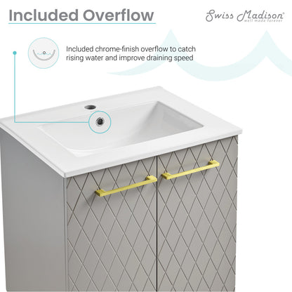 24-inch freestanding diamond gray bathroom vanity with single sink and gold handles, soft-close doors.