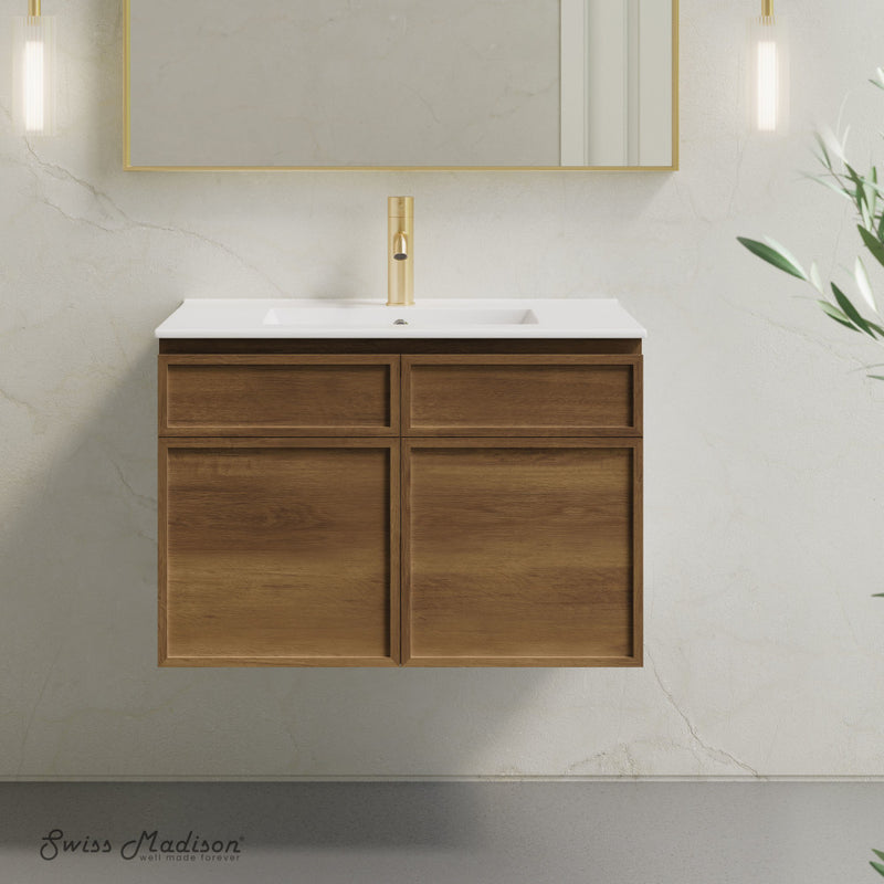 St. Tropez 30" Wall-Mounted Bathroom Vanity in Brown Oak with Sink Top