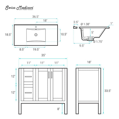 Forme 36" Modular Freestanding Bathroom Vanity with Sink Top in White