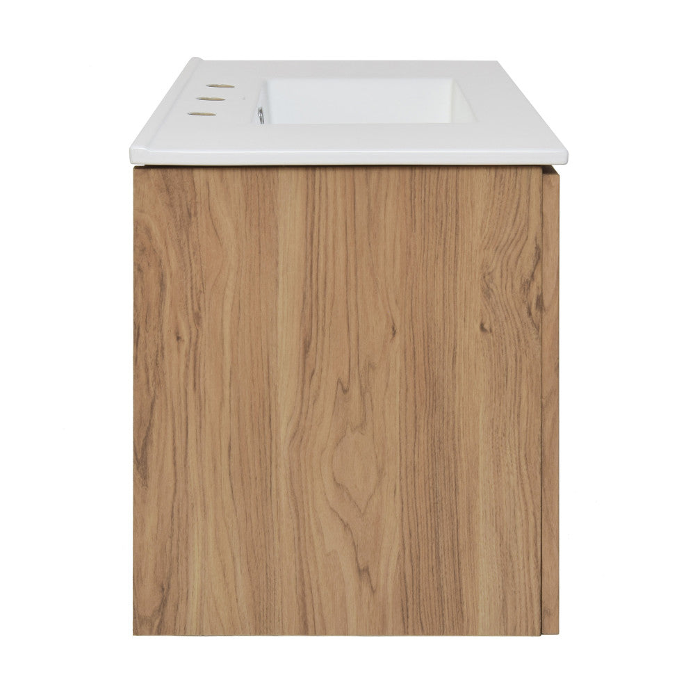 Classe 36 in. Brown Oak Wall Hung Bathroom Vanity With White, 3-Hole Ceramic Sink Top