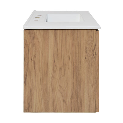 Classe 36 in. Brown Oak Wall Hung Bathroom Vanity With White, 3-Hole Ceramic Sink Top
