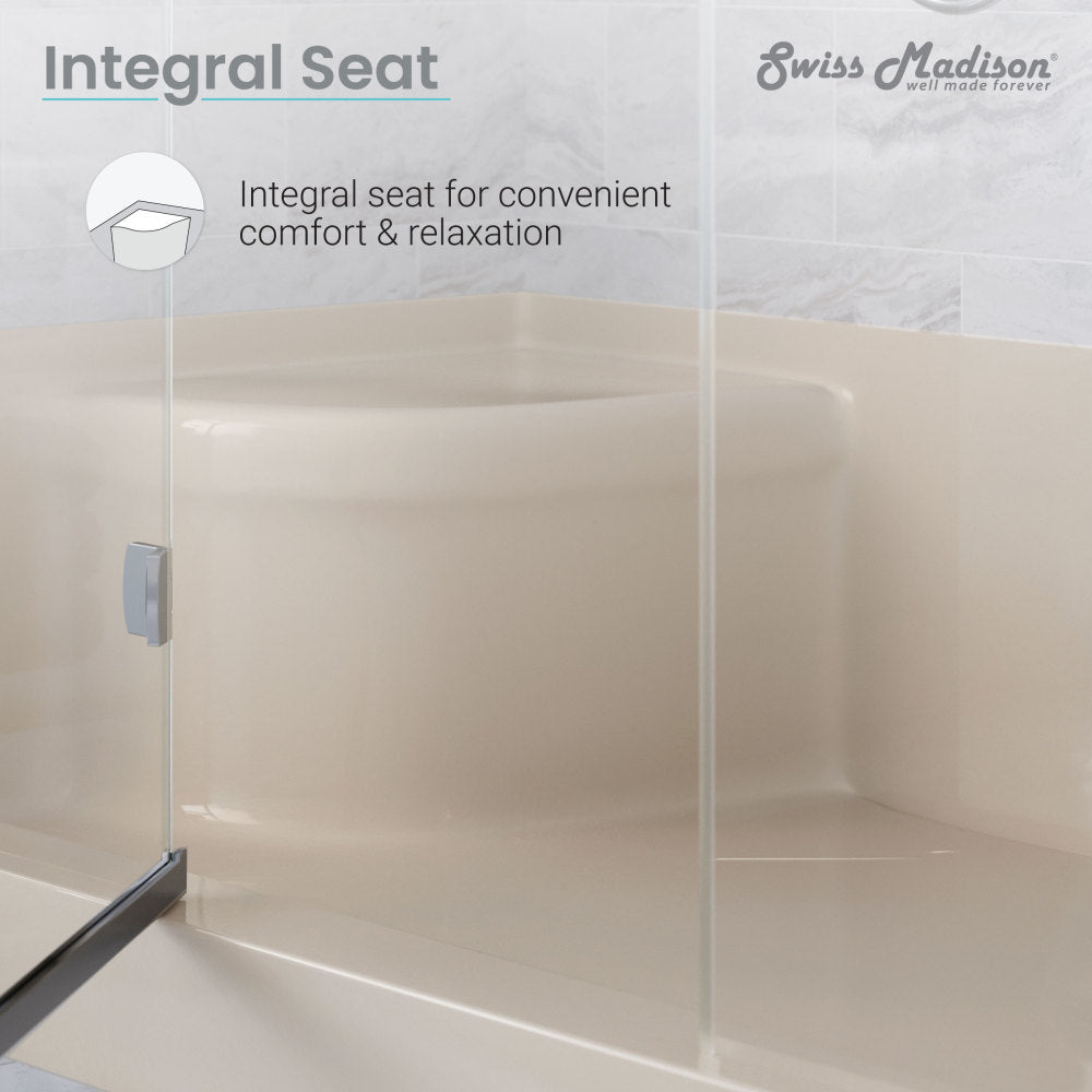 60-inch biscuit single threshold shower base with right hand drain and integral left hand seat.