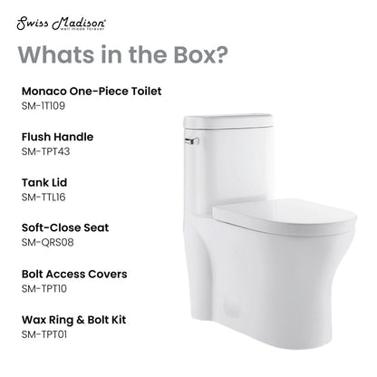 Elongated one-piece toilet with left side flush handle and soft-close seat, white porcelain finish.