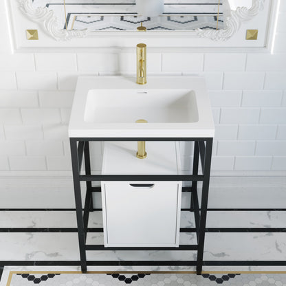 24-inch freestanding bathroom vanity in black with soft-close doors and white sink top.