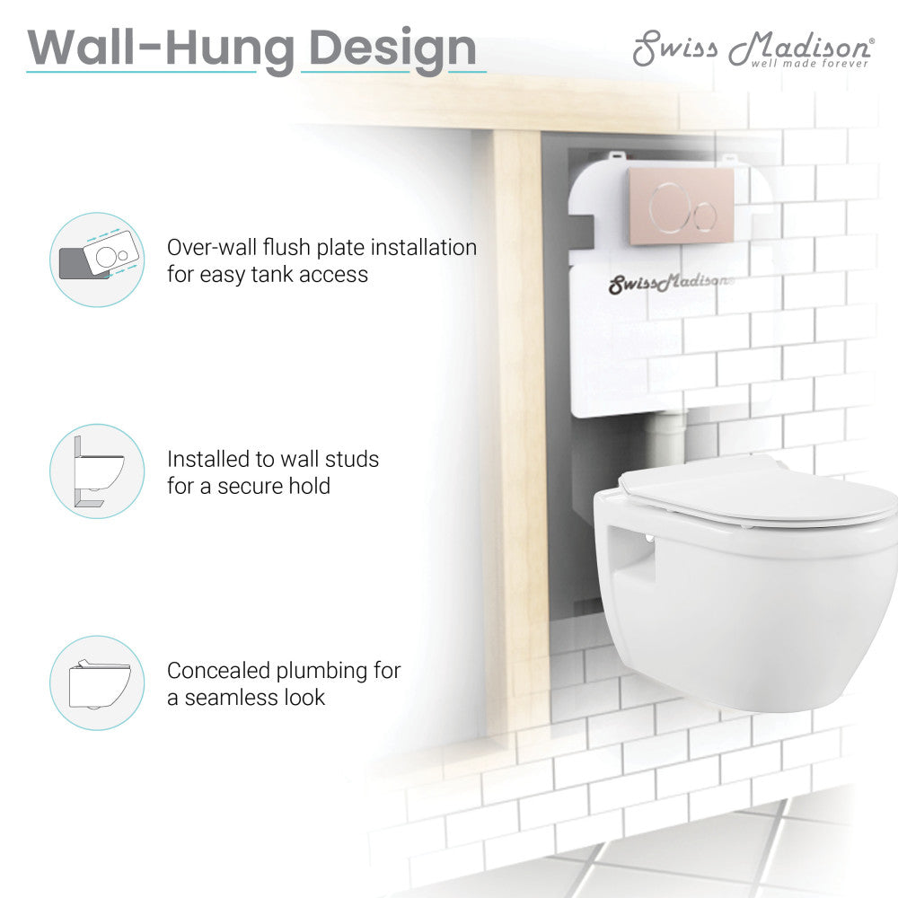 Elongated wall-hung toilet with dual flush and gloss white flush plate, concealed plumbing, over-wall flush installation.