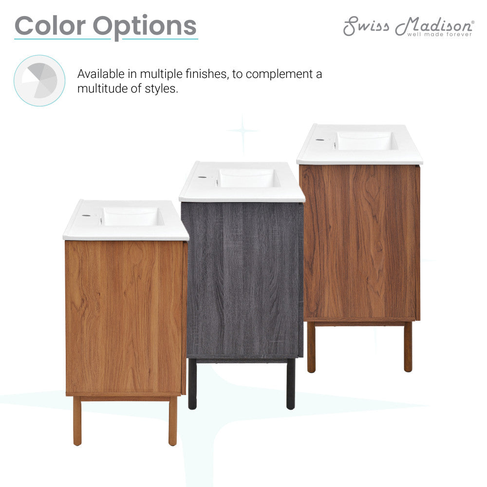 24-inch freestanding bathroom vanity in brown oak with single sink and white countertop.