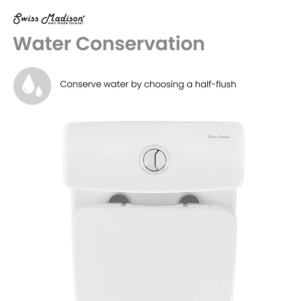 Round one-piece toilet in glossy white, 12" rough-in, dual top flush compact design.