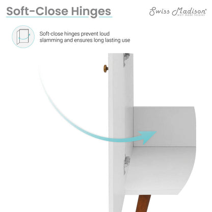 24-inch freestanding white bathroom vanity with single sink and soft-close doors.