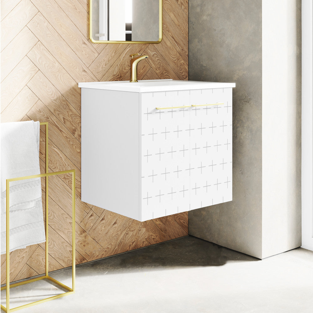 24-inch wall-mounted bathroom vanity in glossy white, single sink, gold handle.