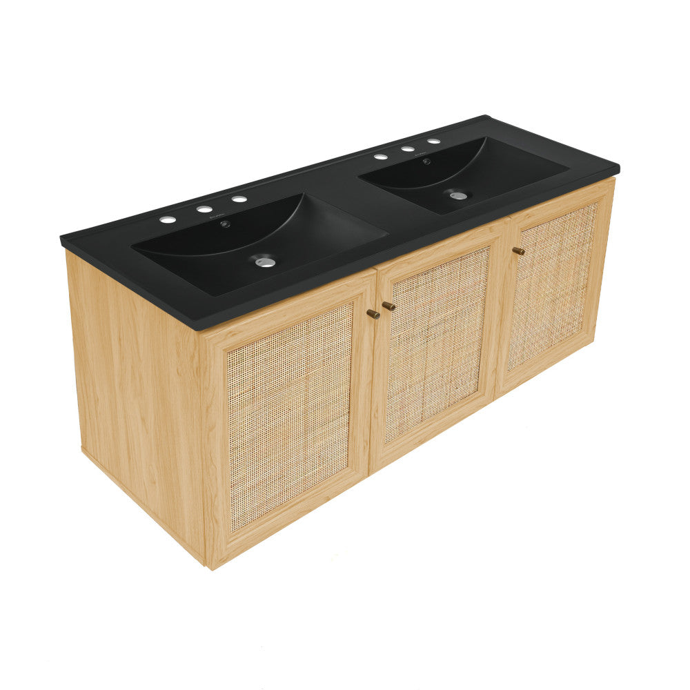 Classe 48" Wall-Mounted Bathroom Vanity in Natural Oak with Black 3-Hole Centerset Double Basin Sink Top