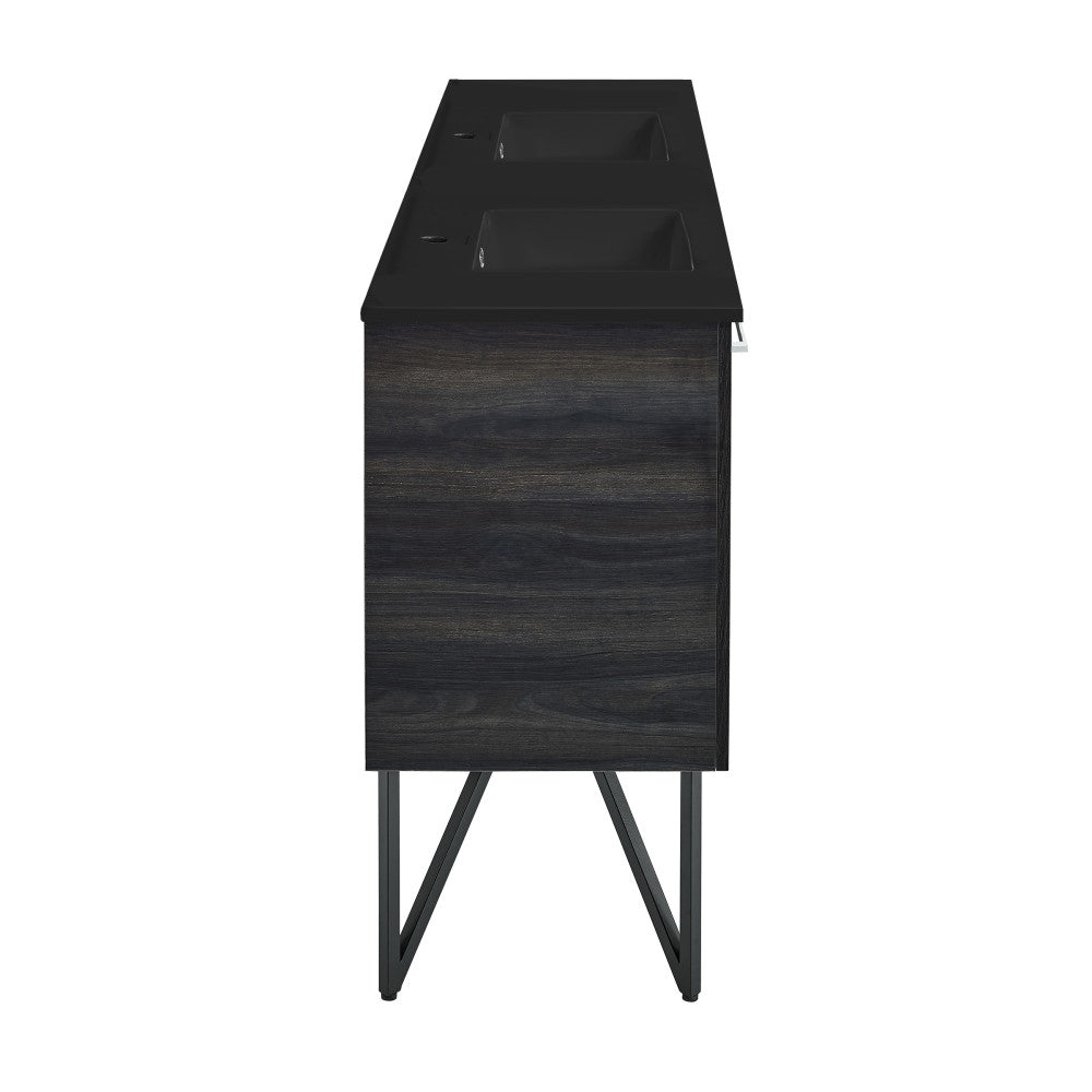 Annecy 60 in. Black Walnut, Double Basin Bathroom Vanity With Black Artificial Stone Sink Top